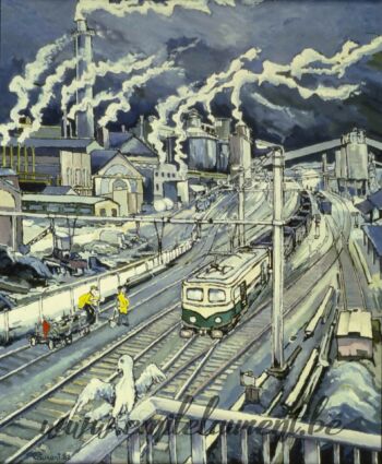 <b>Solvay vu du pont</b><br>
Emile Laurent<br>
1990<br>
Huile 60x70<br>
Collection privée Solvay vu du pont Emile Laurent 1990