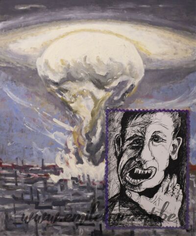 <b>L'Attentat</b><br>
Emile Laurent<br>
1995<br>
Huile<br>
<i>Série "Hiroshima sans Amour"</i><br>
Collection privée