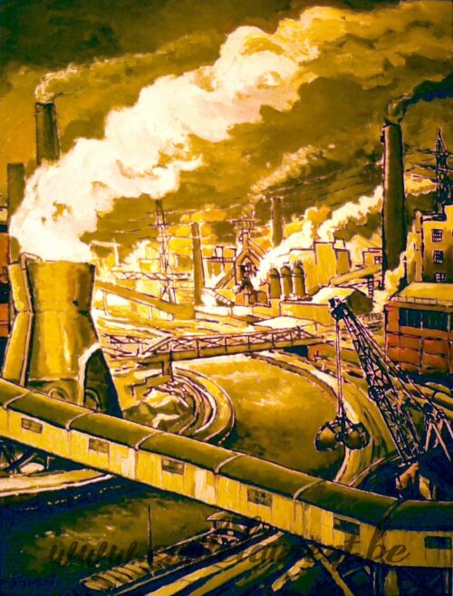 <b>Les attributs de la Sambre</b><br>
Emile Laurent<br>
1980<br>
Huile 60x70<br>
Collection privée Emile Laurent les attributs de la Sambre