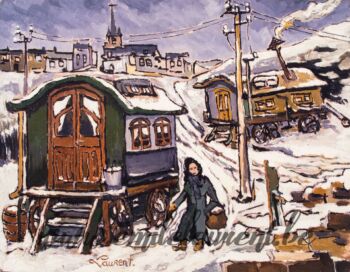 <b>L 'Hiver en roulotte</b><br>
Emile Laurent<br>
1973<br>
Huile 30x40<br>
Collection privée Emile Laurent l'hiver en roulotte